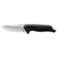 Bushcraft-kniv med drop point-blad och ergonomiskt, texturerat handtag. Gerber-märket ses på bladet.